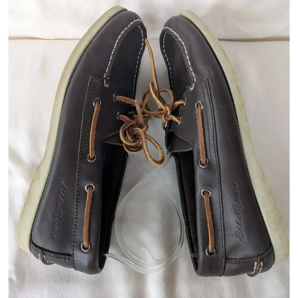 Eddie Bauer Men's 9.5 Dark Brown Leather Slip On Boat Shoe Loafer